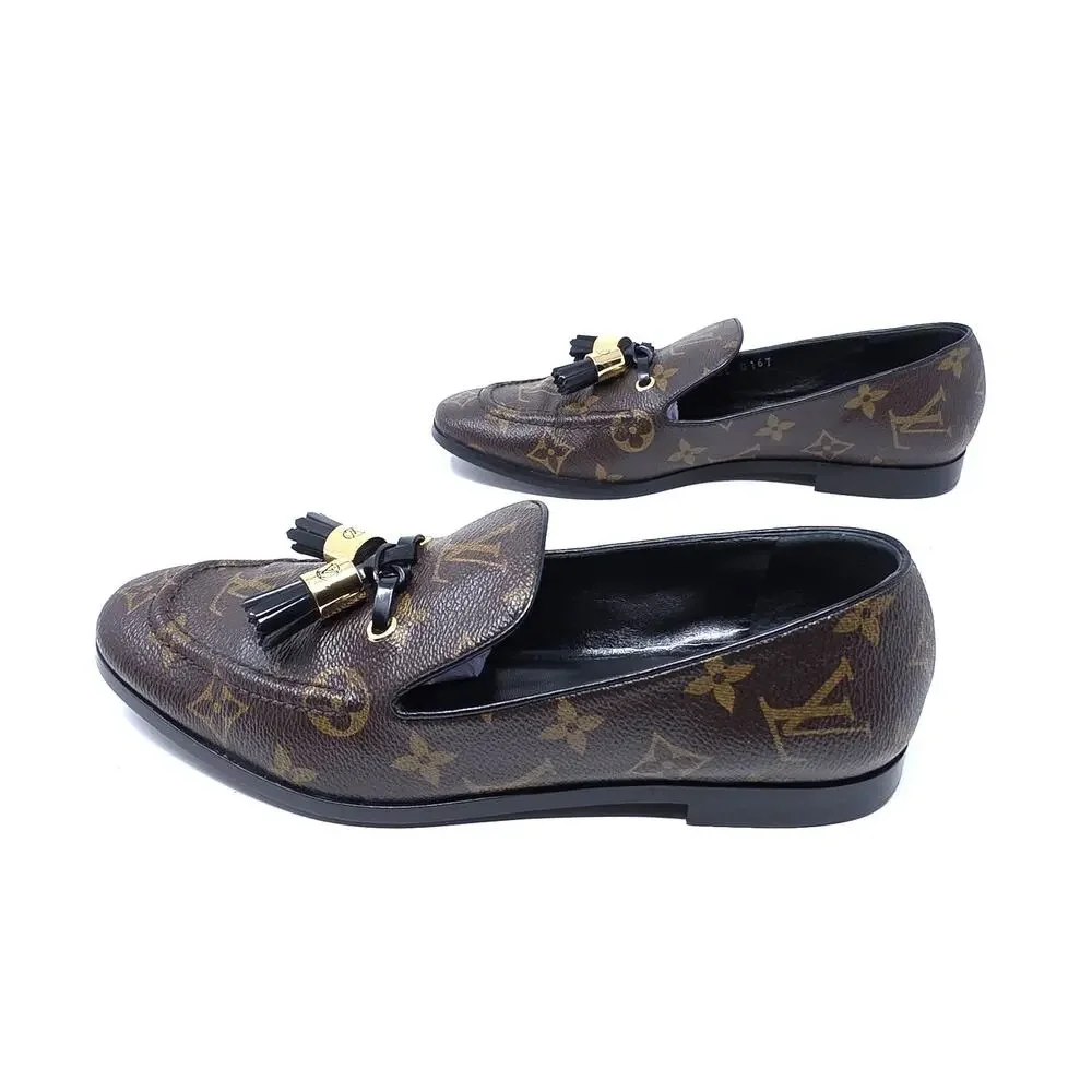 Louis Vuitton Monogram Tassel Loafers Society Canvas LV Logo Slip Flats 37.5 7.5